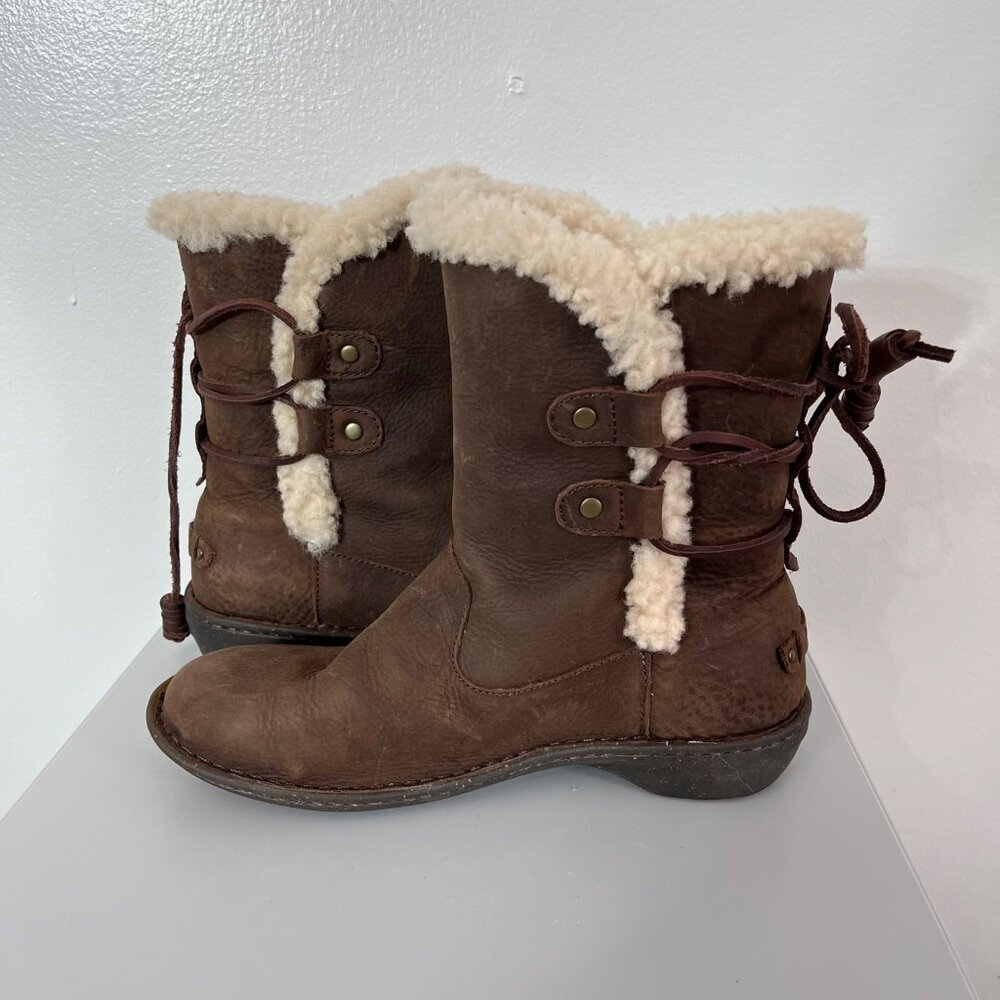 UGG  Akadia Stout Brown Leather‎ Sheepskin Lace-Up Boot US 8